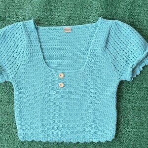 Crocheted Sky Blue Square-Neck Crop Top with Button Detail